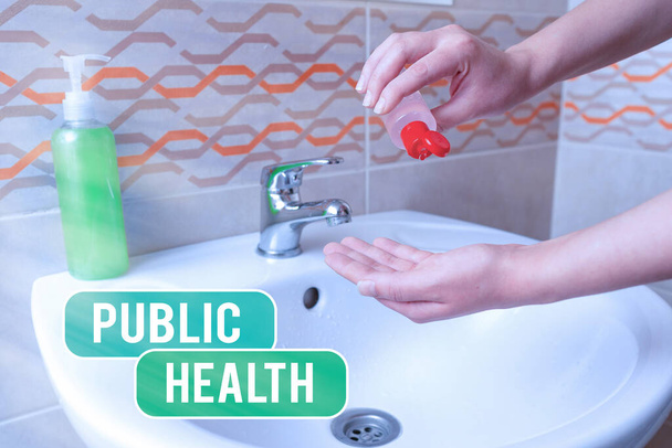 公衆衛生を示すテキスト記号。コミュニティの健康を守り改善するための概念写真科学除染のための手洗い手順と細菌の増殖を最小限に抑える. - 写真・画像