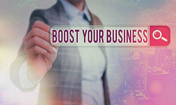 Conceptual hand writing showing Boost Your Business. Business photo showcasing Suitable for web Landing page, web page design to increase profit Web search digital futuristic technology network - Photo, Image