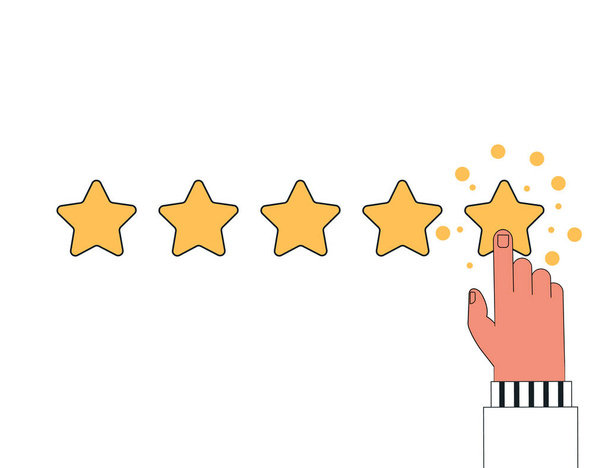 Customer reviews, rating, user feedback concept. The human finger clicks on the fifth star, leaving a positive rating. Flat vector illustration isolated on white background. - Vector, Image