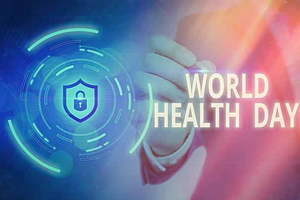 Słowo pisanie tekstu Światowy Dzień Zdrowia. Koncepcja biznesowa na dzień globalnej świadomości zdrowotnej obchodzony co roku 7 kwietnia Kłódka graficzna dla systemu aplikacji bezpieczeństwa danych internetowych. - Zdjęcie, obraz