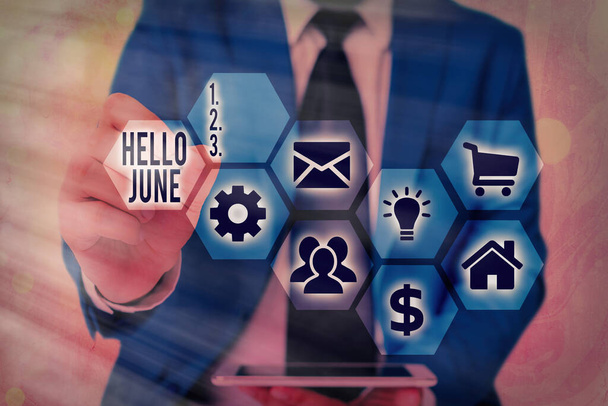 Conceptual hand writing showing Hello June. Business photo text a new month to plan your activities for fun and adventures Grids and different icons latest digital technology concept. - Photo, Image