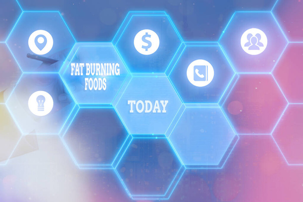 Escritura a mano de texto Fat Burning Foods. Concepto que significa producir pérdida de grasa mediante la estimulación del metabolismo para reducir el apetito Rejillas y diferentes configuraciones de los iconos último concepto de tecnología digital
. - Foto, imagen