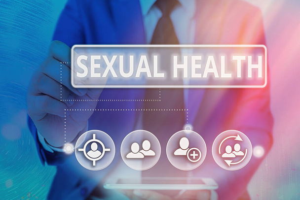 Writing note showing Sexual Health. Business photo showcasing Ability to embrace and enjoy sexuality throughout our lives Information digital technology network infographic elements. - Photo, Image