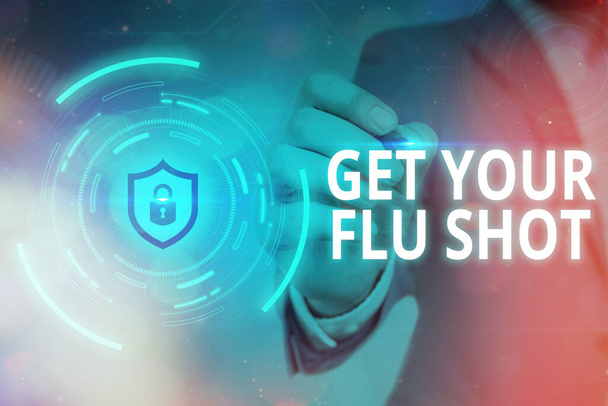 Slovo psaní textu Get Your Flu Shot. Obchodní koncept pro imunizaci je každoročně poskytován na ochranu proti chřipce Grafický visací zámek pro web data bezpečnostní informační systém. - Fotografie, Obrázek