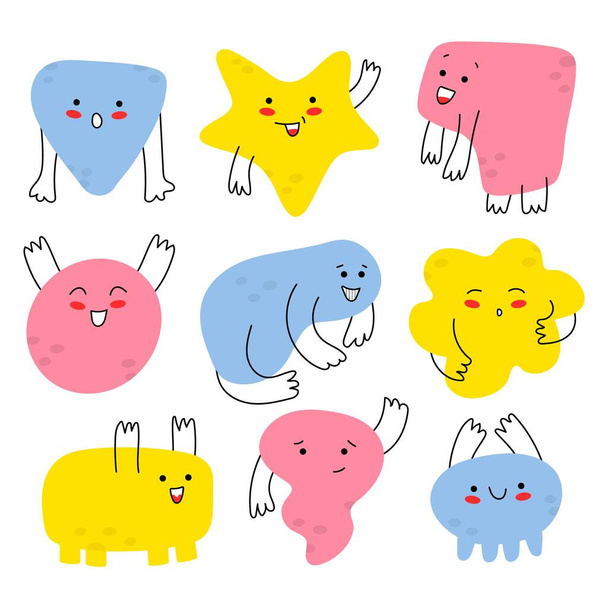 Hand-drawn multicolored doodles-monsters.Cute funny emotions. Vector set out of 9 of fun abstract monsters.Fashion illustrations for children.All elements are isolated.Funny weirdos.Smiling faces - Vetor, Imagem