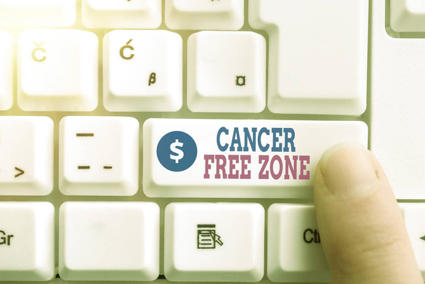 Schrijfbriefje met Kankervrije Zone. Bedrijfsfoto presentatie ter ondersteuning van kankerpatiënten en bewustmaking van kanker Pc toetsenbord toets met wijzende vinger boven achtergrond kopieerruimte. - Foto, afbeelding