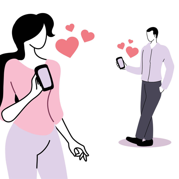 smart phone with couple virtual relationship - Vector, Image