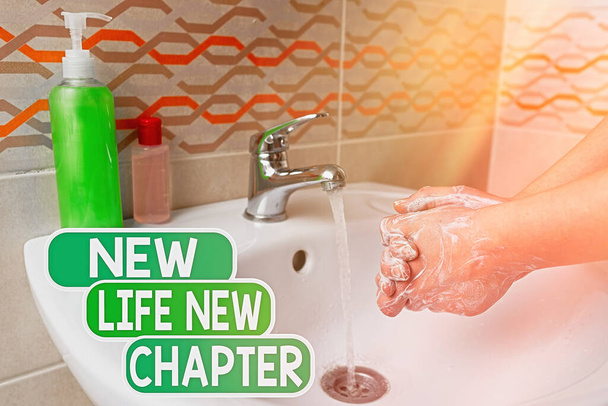 新しい人生の新しい章を示す概念的な手書き。ビジネス写真ブランドやビジネスのテキスト変更機会の変更細菌の増殖を最小限に抑えるための手洗い手順. - 写真・画像