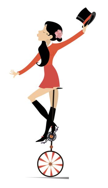 Pretty woman rides on the unicycle illustration. Sexy young woman balances on the unicycle isolated on white - Vector, Image
