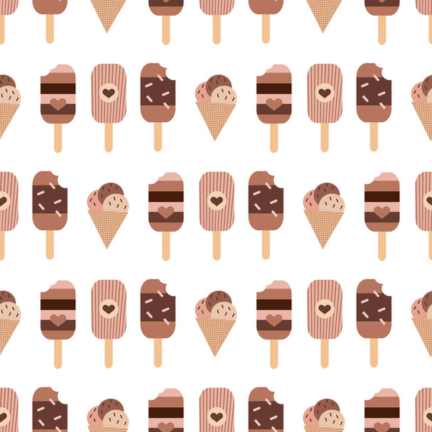 Seamless pattern with sweet cupcakes, pies and tortes, chocolate ice cream and fruit muffins, desserts and pastry cakes. Vector illustration in flat cartoon style. - Vektori, kuva