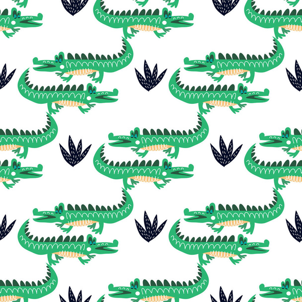 Seamless childish pattern with cute alligators. Use for textile, fabric, wallpaper,  kids apparel, poster,  surface design, fashion kids wear, baby shower. Vector doodle  illustration for kids. - Вектор,изображение