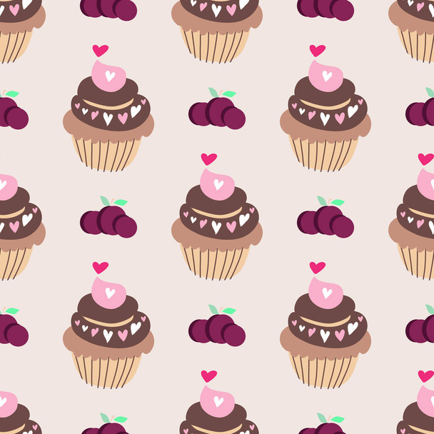 Seamless pattern with sweet cupcakes, pies and tortes, chocolate ice cream and fruit muffins, desserts and pastry cakes. Vector illustration in flat cartoon style. - Wektor, obraz