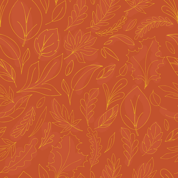 autumn doodle leaves and twigs with yellow trees on orange background in doodle style, vector seamless pattern - Вектор,изображение