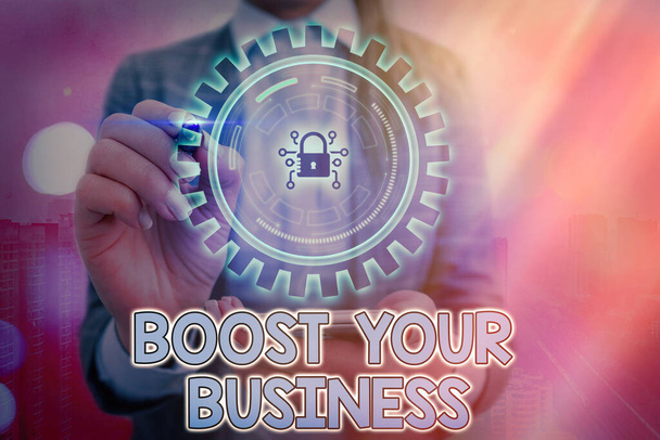 Writing note showing Boost Your Business. Business photo showcasing Suitable for web Landing page, web page design to increase profit Graphics padlock for web data information security application - Fotografie, Obrázek