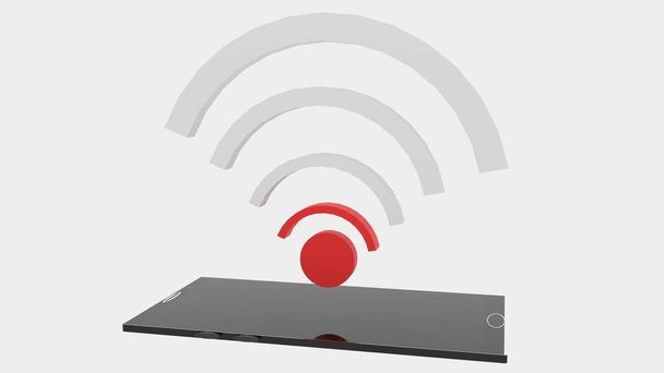 blanc et rouge faible icône wifi planant sur un téléphone portable tout flottant dans un fond blanc sans fin - Photo, image
