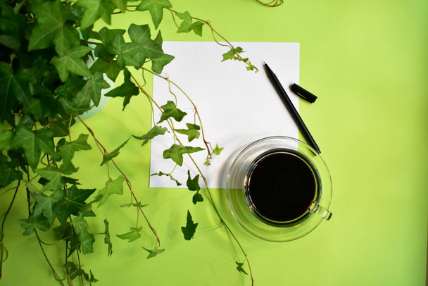 Зелене робоче місце, зелений офісний стіл з чорною чашкою кави, пастельний зелений фон, свіже, нове життя, мир, екологічно чисте, вид зверху, плоска порожня нота, білий папір, порожня ручка
 - Фото, зображення