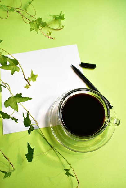 Zelené pracoviště, zelený kancelářský stůl s černým šálkem kávy, pastelové zelené pozadí, svěží, nový život, klid, šetrné k životnímu prostředí - Fotografie, Obrázek