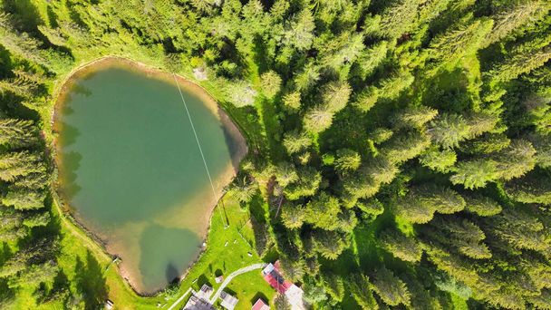 Alpiner See im Sommer umgeben von wunderschönem Wald, über Kopf nach unten Luftaufnahme. - Foto, Bild