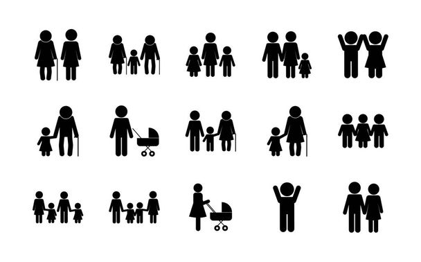 Familie avatars silhouet stijl pictogram set vector ontwerp - Vector, afbeelding