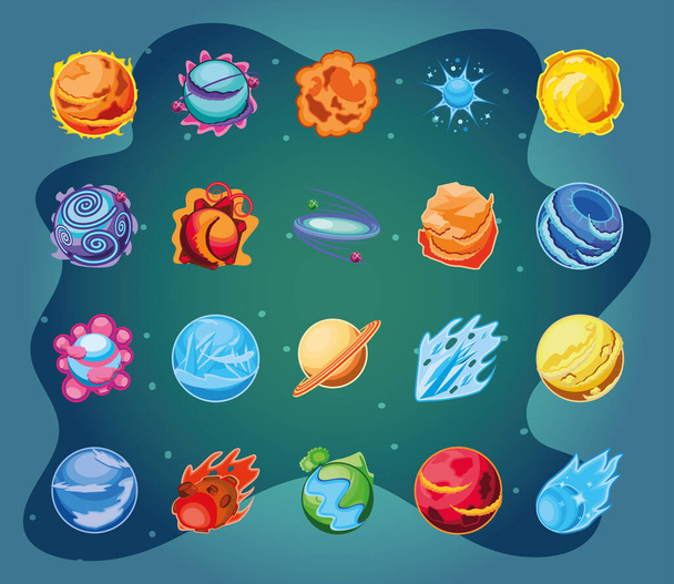 fantastic planets set of icons - Vector, imagen