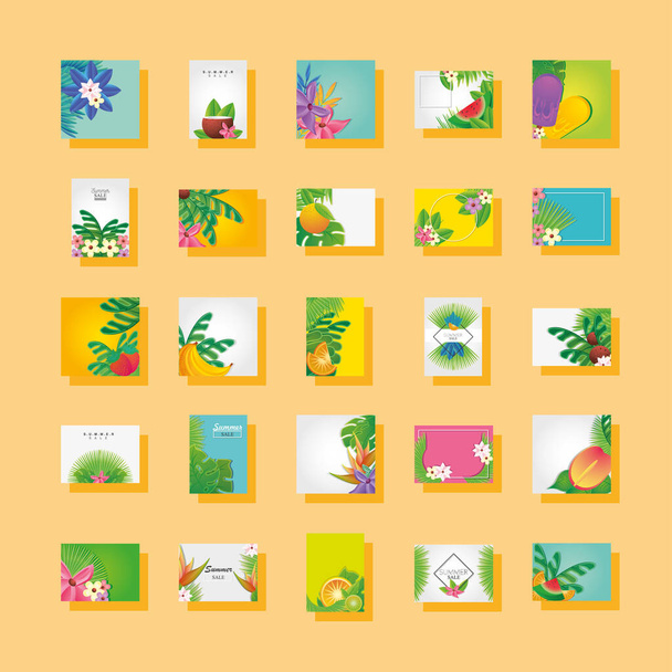 set of templates summer with flowers, fruits and symbols of summer - Vector, Image