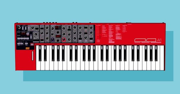 Realistic detailed vector synthesizer. Nord lead A1 illustration. Red synthesizer. Black and white keys in vector. Concert Equipment. For an artist rider. Image to print. Vector for t-shirts, bags. - Vetor, Imagem