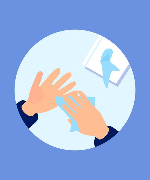 Hand disinfection importance icon in vector. Precautions during a pandemic. Wet alcohol wipes. Two hands of a man with a rag. Image of washing with napkins. - Vector, Image