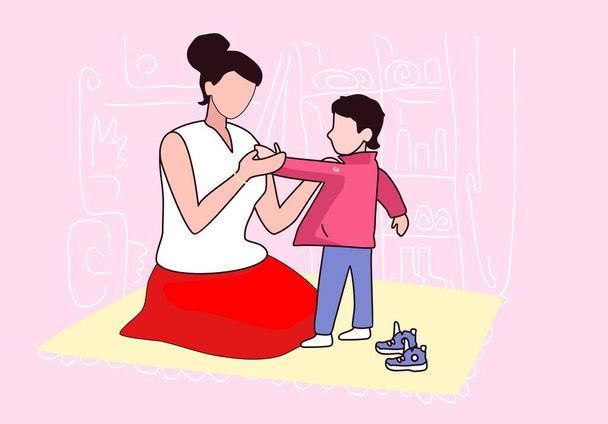 Mom puts on a boy in a vector. Illustration on the theme of the life of a housewife. A woman sits on her knees in a red skirt. The boy held out his hand forward. Home furnishings. - Vector, Image