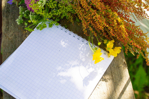letni dzień i dzikie kwiaty z notatnikiem - Zdjęcie, obraz