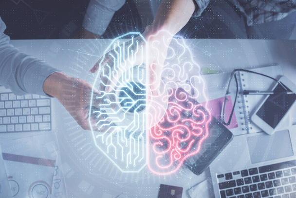 Double exposure of man and woman working together and human brain hologram drawing. Brainstorm concept. Computer background. Top View. - Fotografie, Obrázek