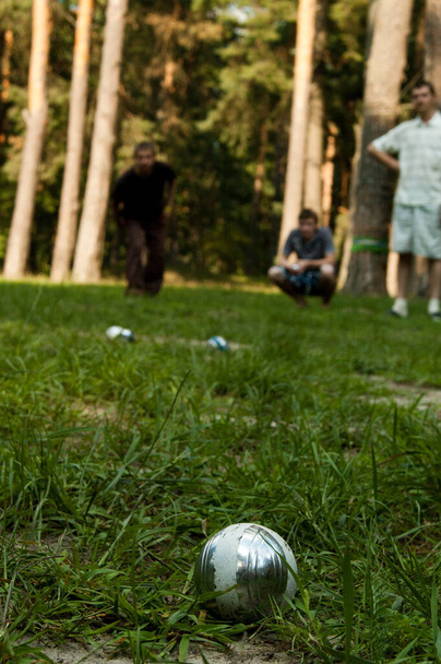 Петанковая игра в лесу. Металлический шар на переднем плане и размытый фон с зеленой травой, деревьями и людьми
 - Фото, изображение