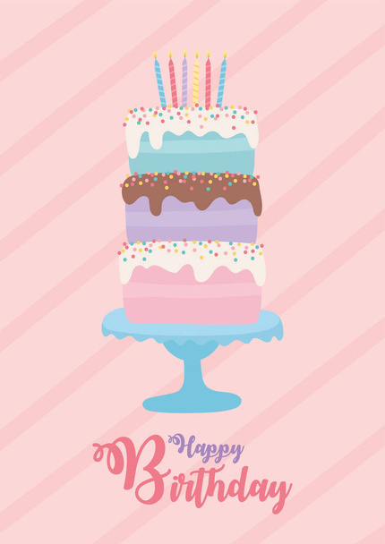 feliz cumpleaños, pastel con diferentes sabores y velas fiesta de celebración decoración
 - Vector, Imagen