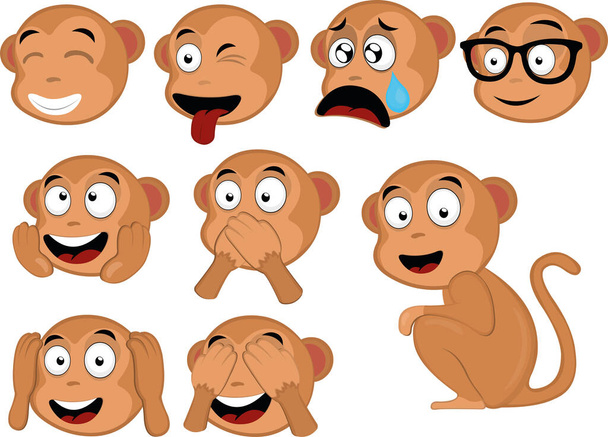 Vector illustration of a cartoon monkey with various expressions - Vector, Image