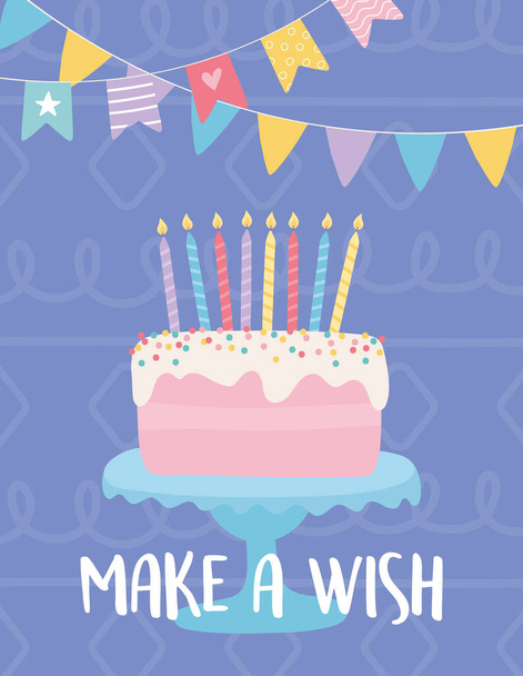 feliz cumpleaños, pastel dulce con velas y banderines fiesta de celebración de la decoración
 - Vector, Imagen