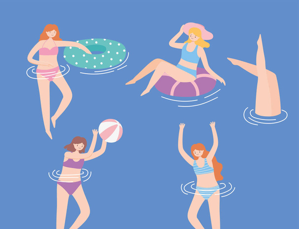 kobiety pływające w strojach kąpielowych, leżące na pływającym nadmuchiwanym, grające w piłkę - Wektor, obraz