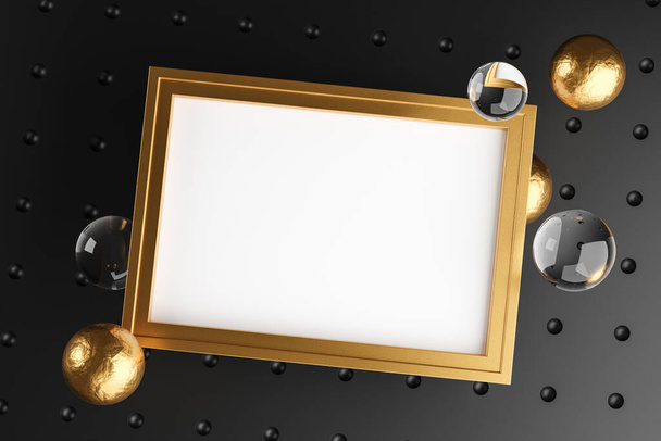Elegant Mock Up Poster Gold Frame Template. Glass Golden Bubbles 3D Rendering. Black Background  - Foto, immagini