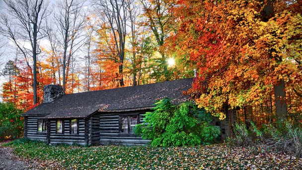 Casa costruita su tronchi di legno in autunno, King City, Ontario, Canada. - Foto, immagini