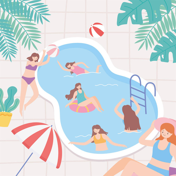 mladí lidé na dovolené v bazénu hraní a koupání - Vektor, obrázek