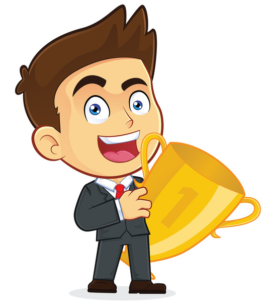zakenman die houdt een kopje trofee - Vector, afbeelding