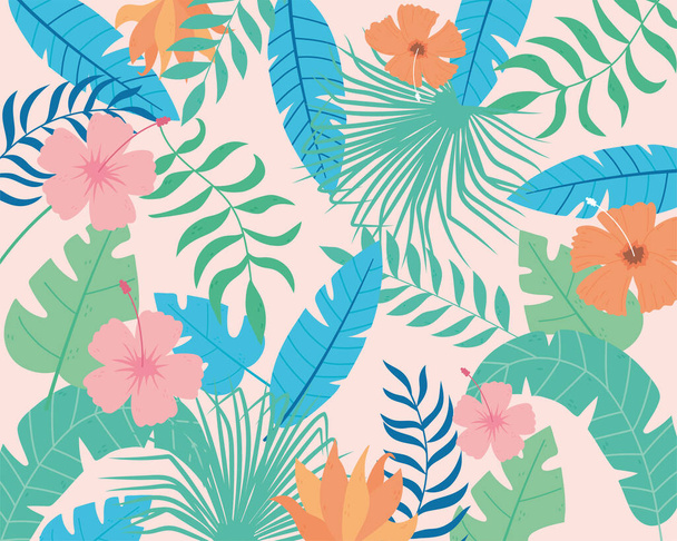 熱帯の葉や花のヤシの枝ハイビスカスの花の背景 - ベクター画像