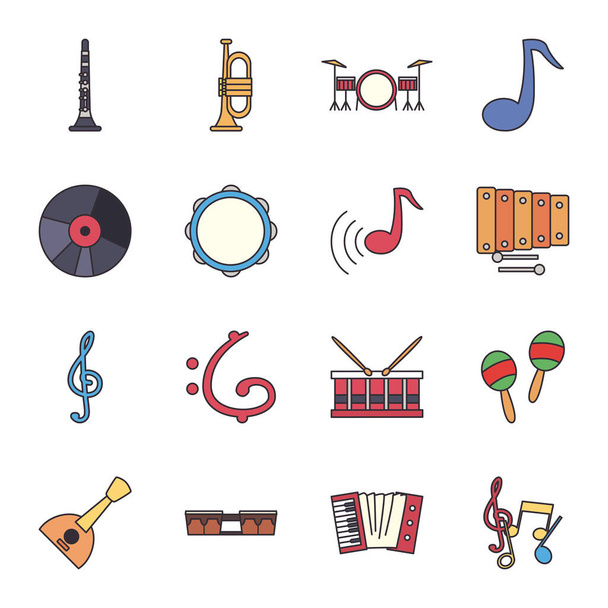 Instruments de musique ligne et style de remplissage icône set design vectoriel - Vecteur, image