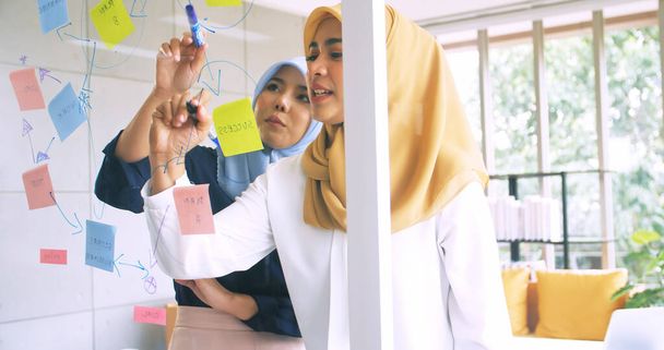 Dvě mladé muslimské podnikatelky diskutují o práci v kanceláři. - Fotografie, Obrázek