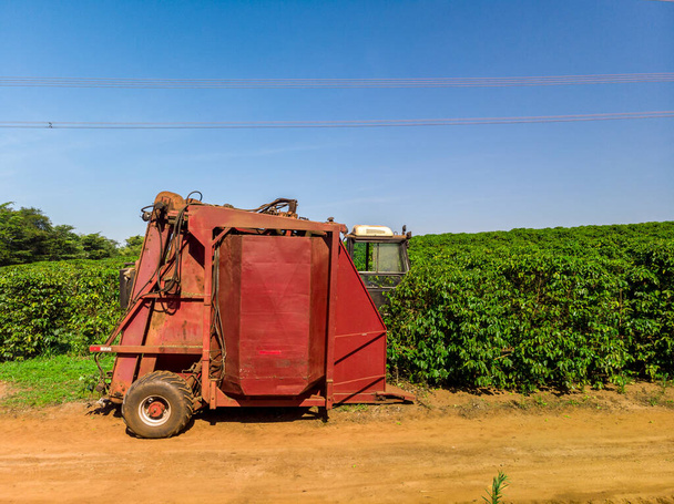 Máquina em campo colhendo café na plantação do Brasil
. - Foto, Imagem