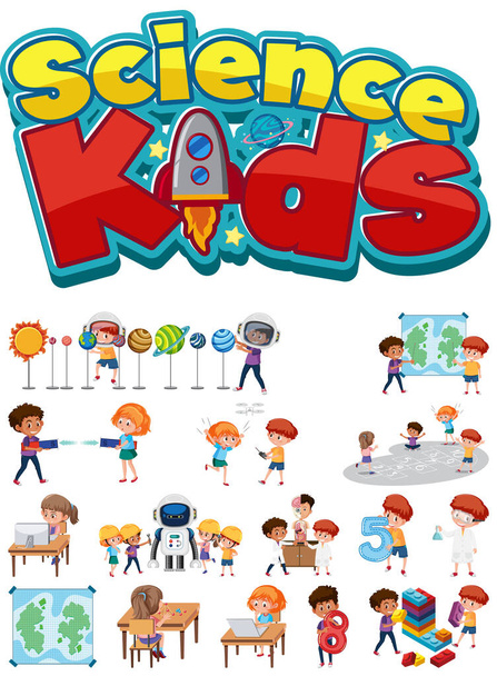 Логотип и набор детей с объектами образования изолированные иллюстрации - Вектор,изображение