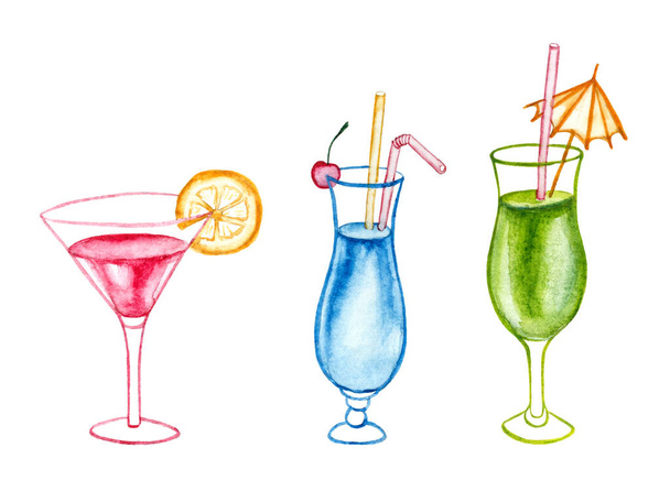 watercolor cocktails set. Isolated glasses with alcohol drinks on white background. - Φωτογραφία, εικόνα