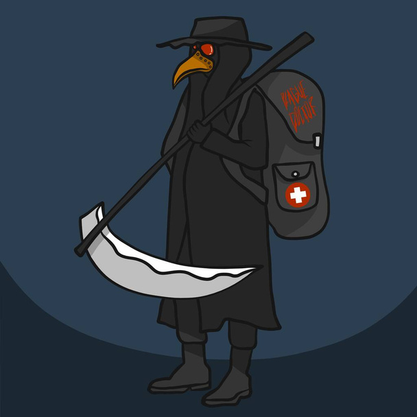 El médico de la peste (médico cuervo) con bolsa de médico militar y la guadaña en la ilustración vector de dibujos animados mano
 - Vector, Imagen