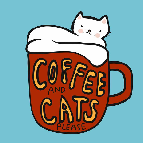 Café et chats s'il vous plaît, chat en tasse de café rouge illustration vectorielle de dessin animé - Vecteur, image
