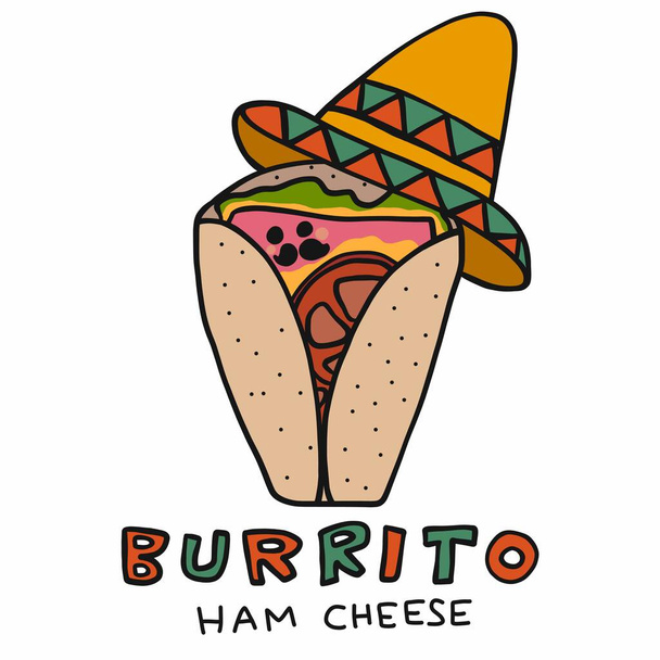 Буррито с ветчиной и сыром в мексиканской шляпе
 - Вектор,изображение