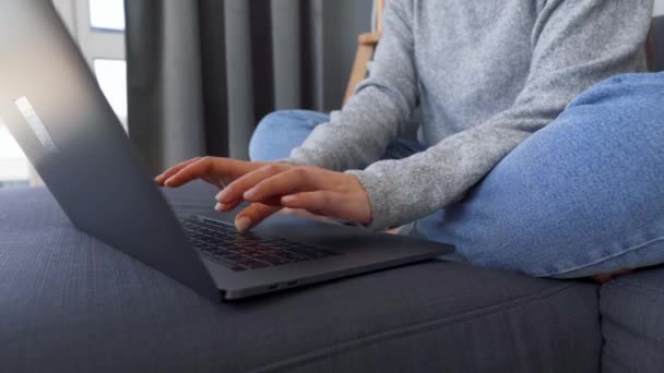 Egy nő ül egy kényelmes kanapén, és egy laptopon dolgozik. A távmunka fogalma. - Felvétel, videó