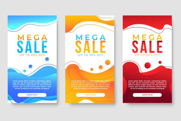 Set of 3 dynamic modern fluid design for mega sale banners. Sale banner template design, social media banner template, voucher, discount, season sale - Vector, Image